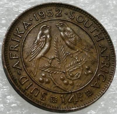 文馨钱币收藏第 302 场，国外回流老铜币，中东阿拉伯地区，拉美等国货币，30 号 1 号二连拍，长期接代拍业务，预计 4 月 4-5 号发货 极美品 1952 年英属南非乔治六世 1/4 便士铜币，关门版