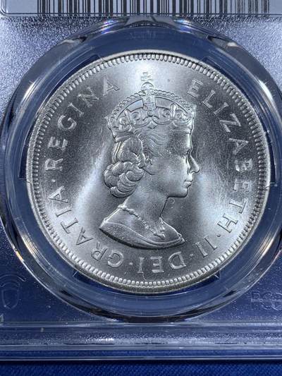 《竞宝斋》第484场 周日，周一，周二 3场连拍 （全场包邮）20级店铺 欢迎送拍 PCGS MS67 英属百慕大群岛1959年伊丽莎白二世1克朗纪念银币，币面清爽干净又舒适，转光强烈细节优秀，状态一流。