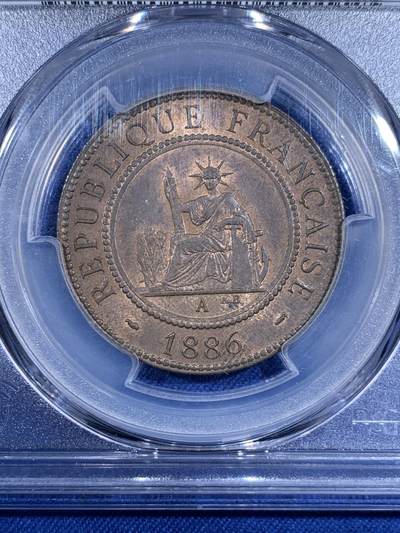 《竞宝斋》第484场 周日，周一，周二 3场连拍 （全场包邮）20级店铺 欢迎送拍 PCGS MS63RB 法属印支1886年百分之一铜币 季军分 通货常见MS高分确实少