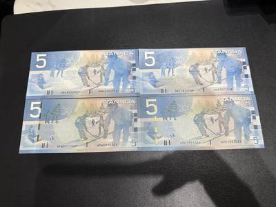 《外钞收藏家》第六百三十一期（五一假期场）（长期征集拍品、欢迎藏友们联系合作） 加拿大旅版5加元 2个签名 初版和再版 四张一起 全新UNC