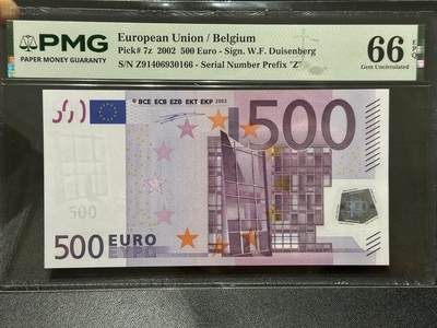 《外钞收藏家》第六百三十一期（五一假期场）（长期征集拍品、欢迎藏友们联系合作） - 2002年一签500欧元 PMG66 尾66 比利时版