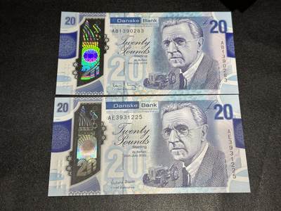 《外钞收藏家》第六百三十一期（五一假期场）（长期征集拍品、欢迎藏友们联系合作） 2019和22年北爱尔兰丹斯克银行20镑 2张一起 全新UNC 无47