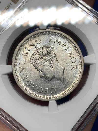 《竞宝斋》第484场 周日，周一，周二 3场连拍 （全场包邮）20级店铺 欢迎送拍 NGC MS63 英属印度1945-L一卢比银币，拉合尔厂少见，不是常见的B或C厂