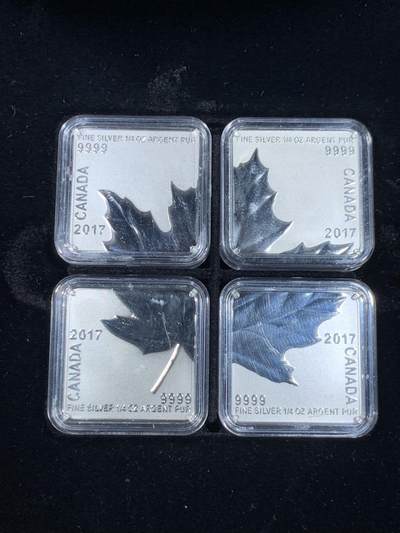 《竞宝斋》第484场 周日，周一，周二 3场连拍 （全场包邮）20级店铺 欢迎送拍 加拿大2017年3元4枚组合方形银币套 糖枫 4X1/4盎司 9999银 发行量7500枚 盒证全