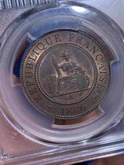 《竞宝斋》第484场 周日，周一，周二 3场连拍 （全场包邮）20级店铺 欢迎送拍 PCGS MS63RB 法属印支1886年百分之一铜币 季军分 通货常见MS高分确实少