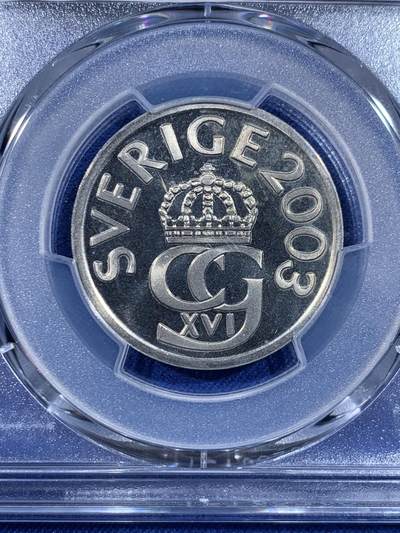 《竞宝斋》第484场 周日，周一，周二 3场连拍 （全场包邮）20级店铺 欢迎送拍 PCGS MS67 瑞典2003年5克朗类精制币，唯一的冠军分！