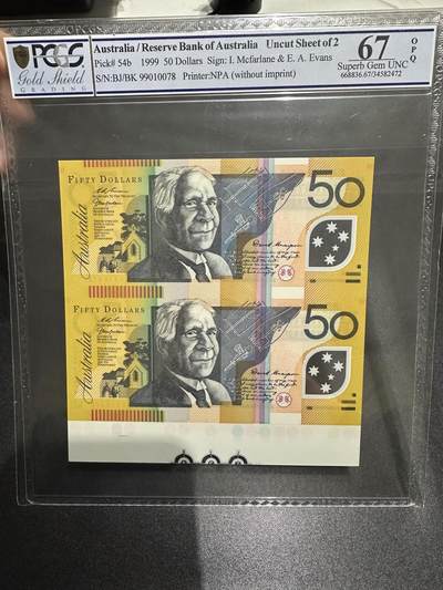 《外钞收藏家》第六百三十一期（五一假期场）（长期征集拍品、欢迎藏友们联系合作） - 1999年澳大利亚50元 2连体 PCGS评级67