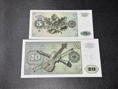 《外钞收藏家》第六百三十一期（五一假期场）（长期征集拍品、欢迎藏友们联系合作） 1960年西德5马克A冠 无47+77年20马克尾88 2张一起 全新UNC