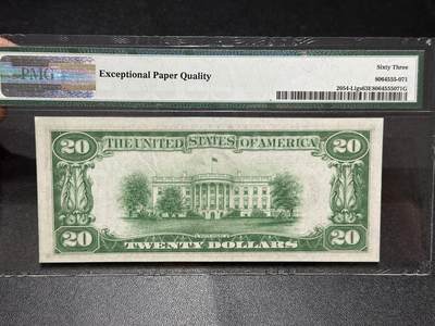 《外钞收藏家》第六百三十一期（五一假期场）（长期征集拍品、欢迎藏友们联系合作） 1934年美国20美元 浅绿色库印 PMG63E