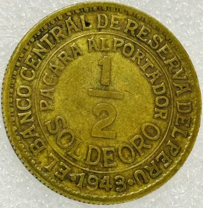 文馨钱币收藏第 302 场，国外回流老铜币，中东阿拉伯地区，拉美等国货币，30 号 1 号二连拍，长期接代拍业务，预计 4 月 4-5 号发货 少见 1943 年秘鲁 1/2 索尔铜币