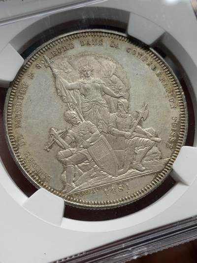 《竞宝斋》第484场 周日，周一，周二 3场连拍 （全场包邮）20级店铺 欢迎送拍 NGC UNC 瑞士1881年弗莱堡射击节5法郎大银币，景观刻画细致。