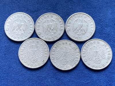 《竞宝斋》第484场 周日，周一，周二 3场连拍 （全场包邮）20级店铺 欢迎送拍 六枚一组 德三50芬尼 流通品