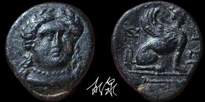 星盘世界钱币 5.2年度精品币大拍 一周年抽奖活动 艺术性强！稀有！古希腊 - 特洛亚斯 · 吉尔吉斯（Troas. Gergis）铜币，公元前350–300年；正面：西比尔女巫赫罗菲勒头像，近乎正面背面：斯芬克斯坐像向右