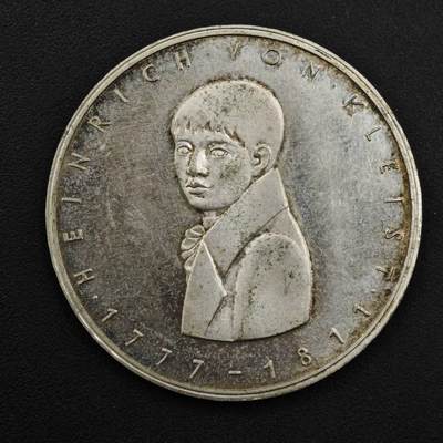 【淘币小摊】实时拍第九百零二拍   银币场    每周一统一发货 德国1977年小说家海因里希·冯·克莱斯特诞辰200周年5马克银币