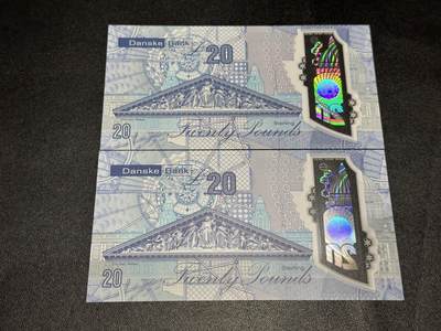 《外钞收藏家》第六百三十一期（五一假期场）（长期征集拍品、欢迎藏友们联系合作） 2019和22年北爱尔兰丹斯克银行20镑 2张一起 全新UNC 无47