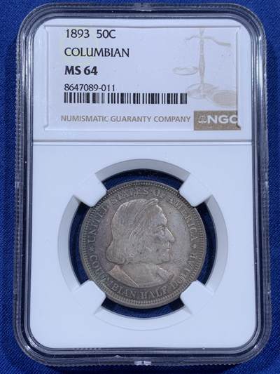 《竞宝斋》第484场 周日，周一，周二 3场连拍 （全场包邮）20级店铺 欢迎送拍 NGC MS64 美国 1893年 哥伦布半美元纪念银币 双面蓝彩包浆 状态极美。近期有同品种62分不含佣成交价即达到800元以上