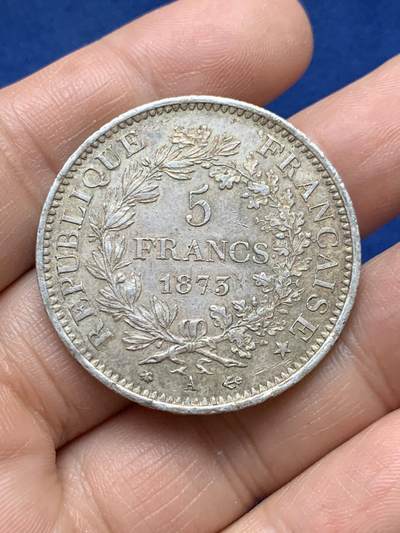 《竞宝斋》第484场 周日，周一，周二 3场连拍 （全场包邮）20级店铺 欢迎送拍 法国1873年大力神5法郎银币