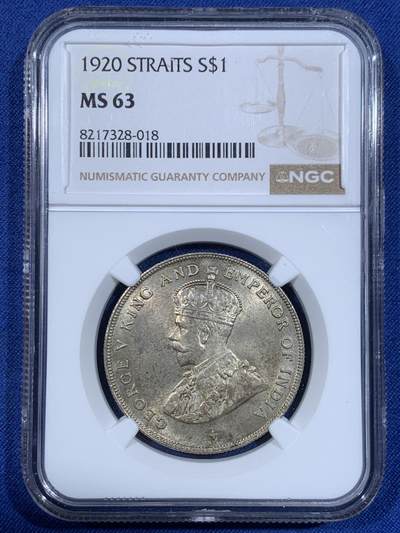 《竞宝斋》第484场 周日，周一，周二 3场连拍 （全场包邮）20级店铺 欢迎送拍 NGC MS63 海峡殖民地1920年乔五壹元大银币，高分，淡黄油彩非常漂亮，足够自藏的分数