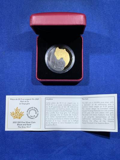 《竞宝斋》第484场 周日，周一，周二 3场连拍 （全场包邮）20级店铺 欢迎送拍 获奖币 加拿大2021年黑和金系列-灰狼20元部分镀金精制银币 1盎司 999银 发行量4500枚 盒证全
