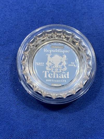 《竞宝斋》第484场 周日，周一，周二 3场连拍 （全场包邮）20级店铺 欢迎送拍 乍得2022年凡高瓶盖1000中非法郎彩色瓶盖形精制银币 6克 999银 发行量5千枚 盒证全（盒即证）