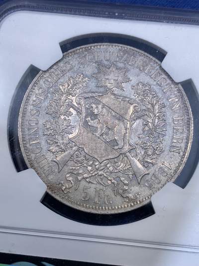 《竞宝斋》第484场 周日，周一，周二 3场连拍 （全场包邮）20级店铺 欢迎送拍 NGC UNC 瑞士1885年伯尔尼射击节5法郎大银币，经典品种，品相还不错。PL底板，性价比之选。