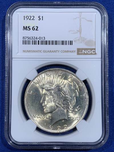 《竞宝斋》第484场 周日，周一，周二 3场连拍 （全场包邮）20级店铺 欢迎送拍 NGC MS62 美国1922年和平1美元银币
