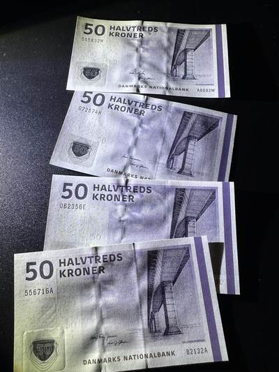 《外钞收藏家》第六百三十一期（五一假期场）（长期征集拍品、欢迎藏友们联系合作） 丹麦桥版50克朗 四个签名 全新UNC