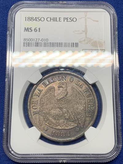 《竞宝斋》第484场 周日，周一，周二 3场连拍 （全场包邮）20级店铺 欢迎送拍 NGC MS61 智利1884SO大银币，低评了，品种常见状态好，纯正欧洲纸袋包浆。