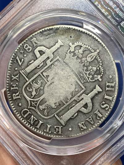 《竞宝斋》第484场 周日，周一，周二 3场连拍 （全场包邮）20级店铺 欢迎送拍 PCGS F Details Rrpaired 葡萄牙 1834年 加盖改870R银币，加盖于墨西哥1821年费七双柱上。戳记清晰完整。稀少品种，无分性价比很高。