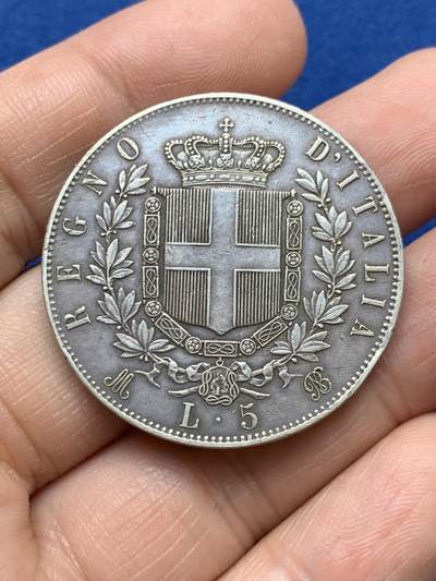 《竞宝斋》第484场 周日，周一，周二 3场连拍 （全场包邮）20级店铺 欢迎送拍 意大利1873年伊曼纽尔5里拉银币