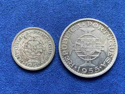 《竞宝斋》第484场 周日，周一，周二 3场连拍 （全场包邮）20级店铺 欢迎送拍 两枚一组 葡属殖民地银币 含1955年葡属安哥拉20埃斯库多（720银 10克）和1960年葡属莫桑比克5埃斯库多（650银 3.9克），含纯银9.8克