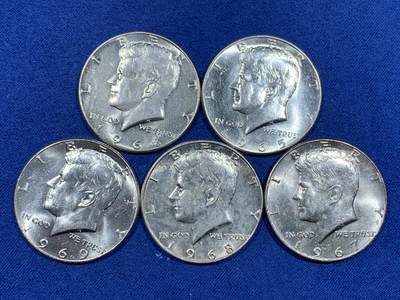 《竞宝斋》第484场 周日，周一，周二 3场连拍 （全场包邮）20级店铺 欢迎送拍 五枚一组 美国1965-1969年肯尼迪半美元银币 五个年份