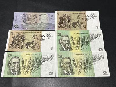 《外钞收藏家》第六百三十一期（五一假期场）（长期征集拍品、欢迎藏友们联系合作） 澳大利亚5元塑料钞AA冠+纸币版1和2元不同签名5张一起 全新UNC