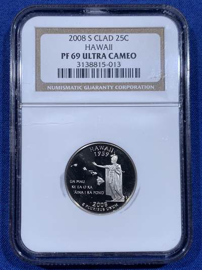 《竞宝斋》第484场 周日，周一，周二 3场连拍 （全场包邮）20级店铺 欢迎送拍 - NGC PF69UC 美国州系列2008年夏威夷1/4元精制币，PROOF，币面清爽干净又舒适，小巧精致