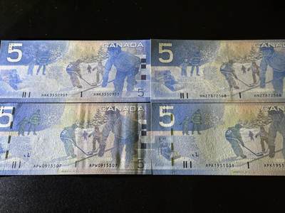 《外钞收藏家》第六百三十一期（五一假期场）（长期征集拍品、欢迎藏友们联系合作） 加拿大旅版5加元 2个签名 初版和再版 四张一起 全新UNC