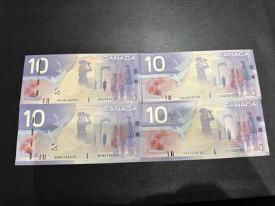 《外钞收藏家》第六百三十一期（五一假期场）（长期征集拍品、欢迎藏友们联系合作） 加拿大旅版10加元 2个签名 初版和再版 四张一起 全新UNC