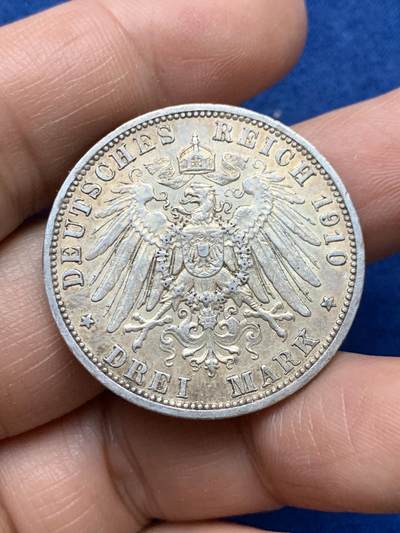 《竞宝斋》第484场 周日，周一，周二 3场连拍 （全场包邮）20级店铺 欢迎送拍 德国普鲁士1910年威廉二世3马克银币 自然包浆