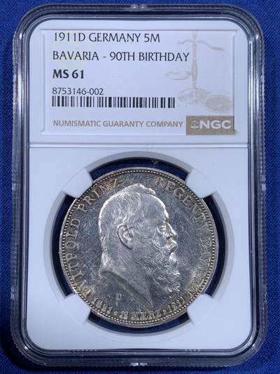 《竞宝斋》第484场 周日，周一，周二 3场连拍 （全场包邮）20级店铺 欢迎送拍 NGC MS61 德国1911年巴伐利亚摄政王利奥波德90大寿5马克银币 状态低评