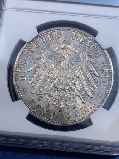 《竞宝斋》第484场 周日，周一，周二 3场连拍 （全场包邮）20级店铺 欢迎送拍 NGC MS61 德国1911年巴伐利亚摄政王利奥波德90大寿5马克银币 状态低评