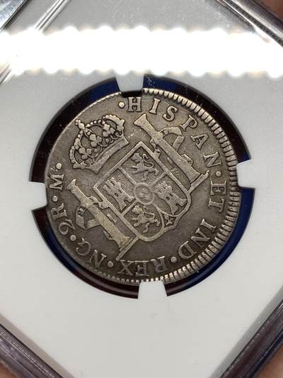 《竞宝斋》第484场 周日，周一，周二 3场连拍 （全场包邮）20级店铺 欢迎送拍 NGC F15 危地马拉1805年卡四2r双柱银币，辅币数量少的多，季军分，NGC出分仅3枚，很稀有，出分不易，包浆自然。