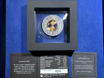 《竞宝斋》第484场 周日，周一，周二 3场连拍 （全场包邮）20级店铺 欢迎送拍 图瓦卢2021年沙漏2元 嵌沙漏仿古银币 2盎司 999银 发行量2500枚 盒证全 澳大利亚珀斯铸造