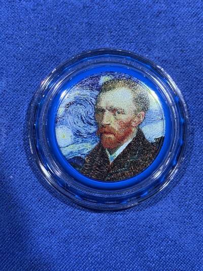 《竞宝斋》第484场 周日，周一，周二 3场连拍 （全场包邮）20级店铺 欢迎送拍 乍得2022年凡高瓶盖1000中非法郎彩色瓶盖形精制银币 6克 999银 发行量5千枚 盒证全（盒即证）