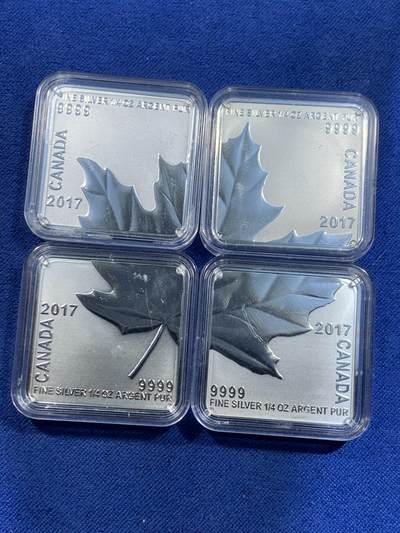 《竞宝斋》第484场 周日，周一，周二 3场连拍 （全场包邮）20级店铺 欢迎送拍 加拿大2017年3元4枚组合方形银币套 糖枫 4X1/4盎司 9999银 发行量7500枚 盒证全