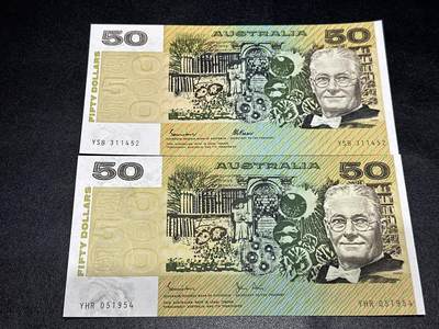 《外钞收藏家》第六百三十一期（五一假期场）（长期征集拍品、欢迎藏友们联系合作） 澳大利亚纸币版50元 2个签名 2张一起 全新 （其中1张有一些荧光反应，但背面没有，判断不是潮）