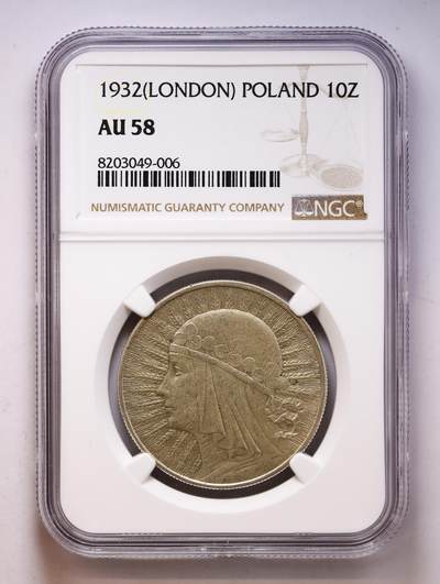 观钱 近现代机制币拍卖No.010（全场顺丰包邮，不区分偏远地区，本场5月5日开始发货）  1932 (London) 波兰  “波洛尼亚（Polonia）”女神（波兰的国家拟人化象征）10 兹罗提银币（伦敦版），NGC AU58 女神形象设计优美精致，该品种罕见高分品相，币面带有均匀温润的包浆，浮雕细节清晰锐利，无明显流通磨损痕迹，