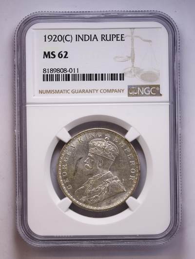 观钱 近现代机制币拍卖No.010（全场顺丰包邮，不区分偏远地区，本场5月5日开始发货）  1920 (C) 英属印度 乔治五世 1 卢比银币，NGC MS62
