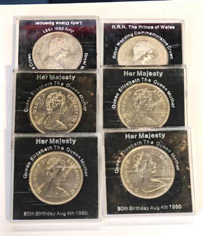 观钱 近现代机制币拍卖No.010（全场顺丰包邮，不区分偏远地区，本场5月5日开始发货）  英国王室主题纪念币一组 6 枚（含戴安娜王妃、查尔斯王子婚礼、王太后 80 诞辰等）