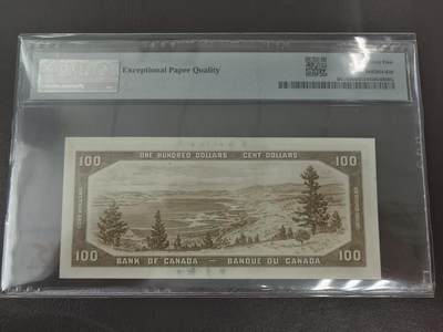 《外钞收藏家》第六百三十一期（五一假期场）（长期征集拍品、欢迎藏友们联系合作） 加拿大1954年100元 靓号无347！女王 背面风景唯美！pmg65！季军分！升值品种
