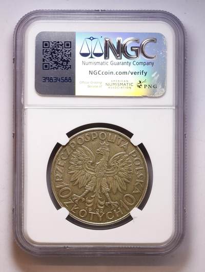 观钱 近现代机制币拍卖No.010（全场顺丰包邮，不区分偏远地区，本场5月5日开始发货）  1932 (London) 波兰  “波洛尼亚（Polonia）”女神（波兰的国家拟人化象征）10 兹罗提银币（伦敦版），NGC AU58 女神形象设计优美精致，该品种罕见高分品相，币面带有均匀温润的包浆，浮雕细节清晰锐利，无明显流通磨损痕迹，