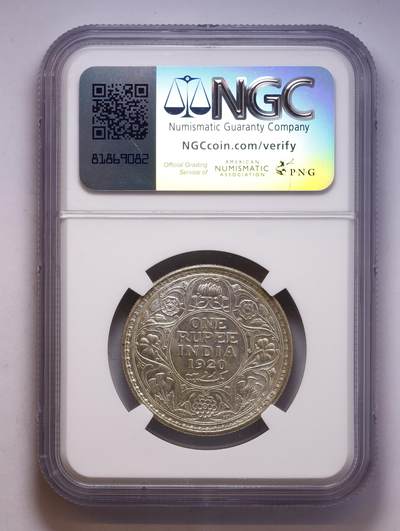 观钱 近现代机制币拍卖No.010（全场顺丰包邮，不区分偏远地区，本场5月5日开始发货）  1920 (C) 英属印度 乔治五世 1 卢比银币，NGC MS62
